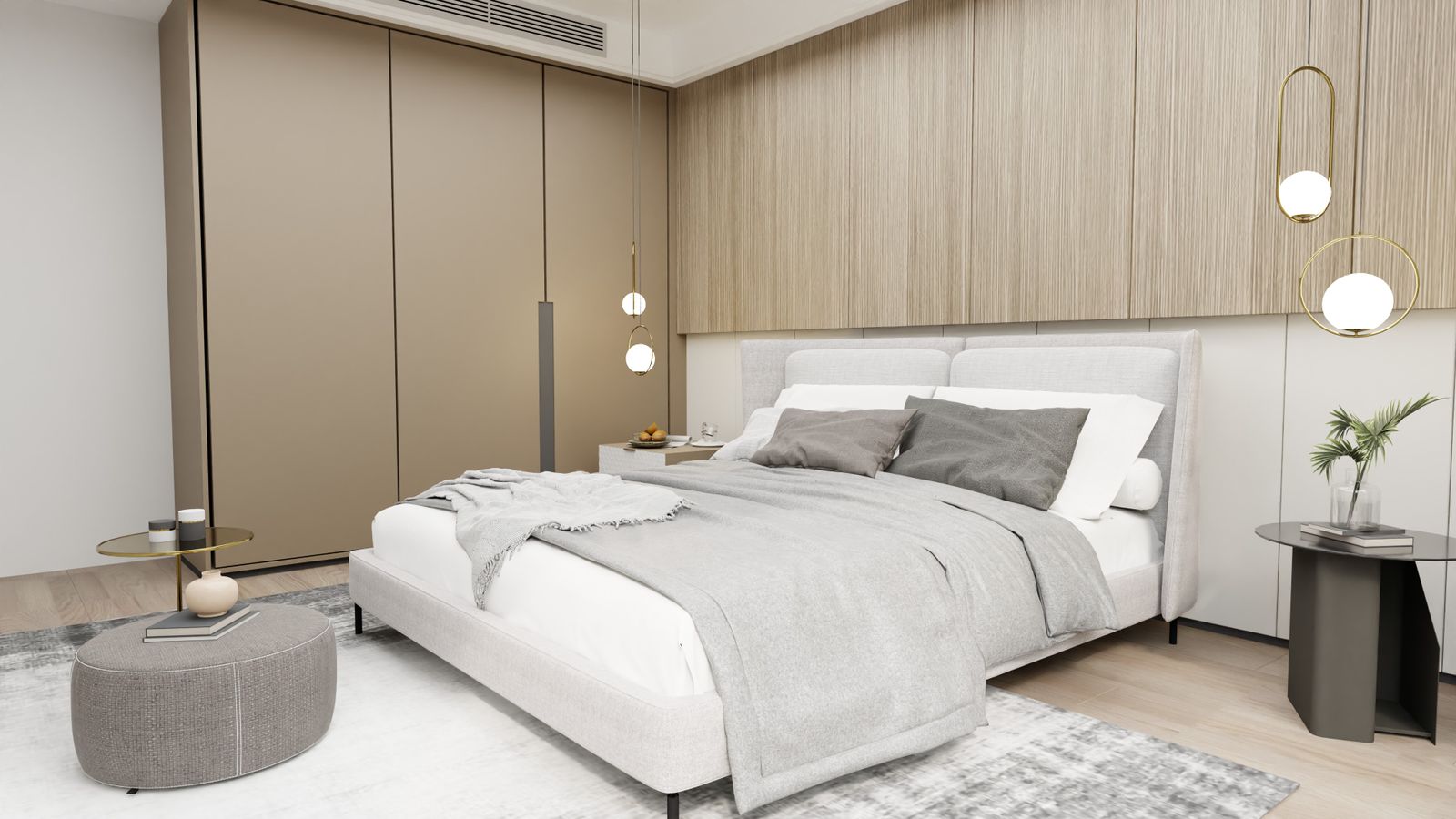 Made bed with white and grey bedsheets